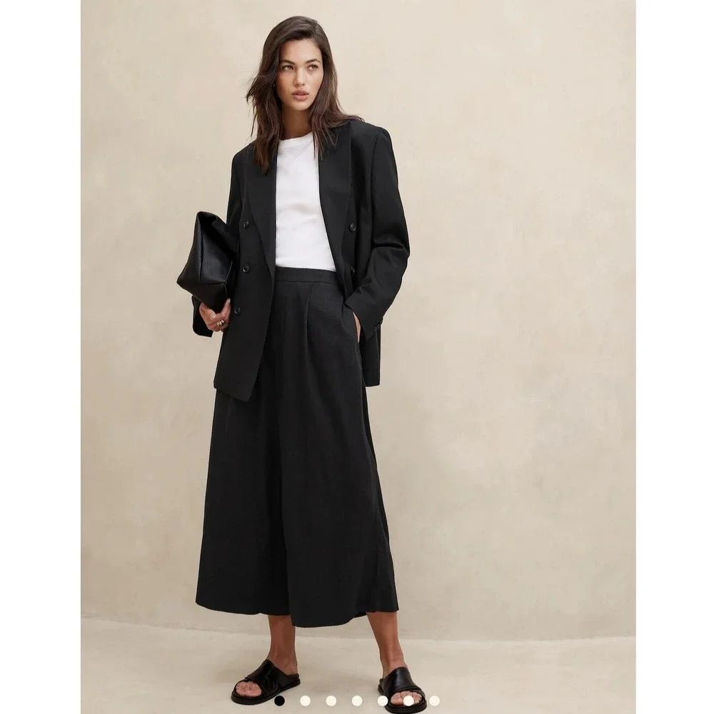 New Banana Republic Linen Blend Pants Large Wide Leg Cropped‎ Flowy Black Cruise